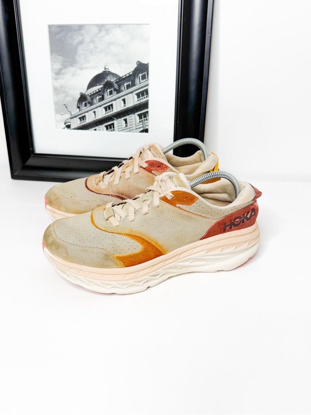 HOKA Bondi L Suede Sneakers Men’s Beige Orange Size 12